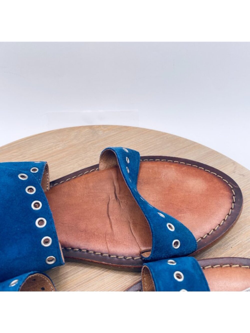 Miz Mooz Sandals Womens 8.5 Blue Leather Ankle Strap Studded Flats Peep - Picture 7 of 12